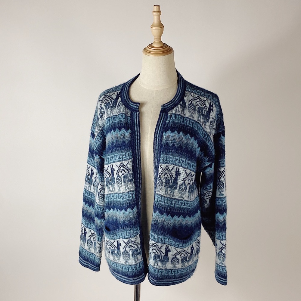 ARTESENIAS Los Andes Alpaca Wool Cardigan Womens Large Blue